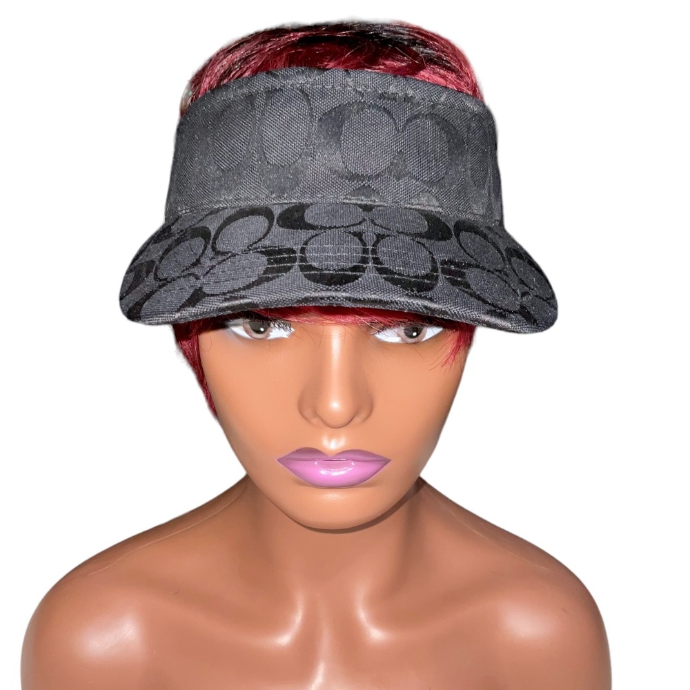 Coach Black Visor Hat with Signature Motif Leather Adjust Strap